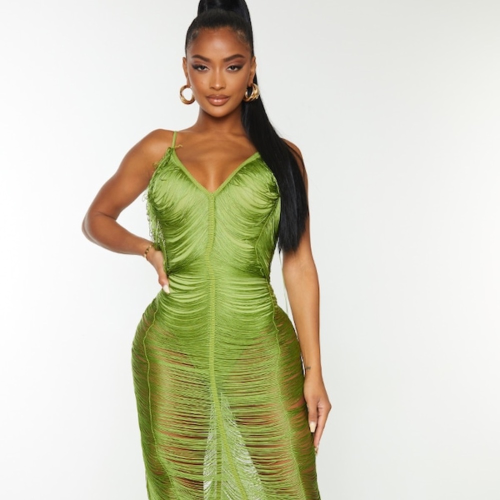 Olive Fringe Detail Midaxi Dress